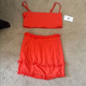 Bright Coral Two-Piece Crop Top + Skirt Set